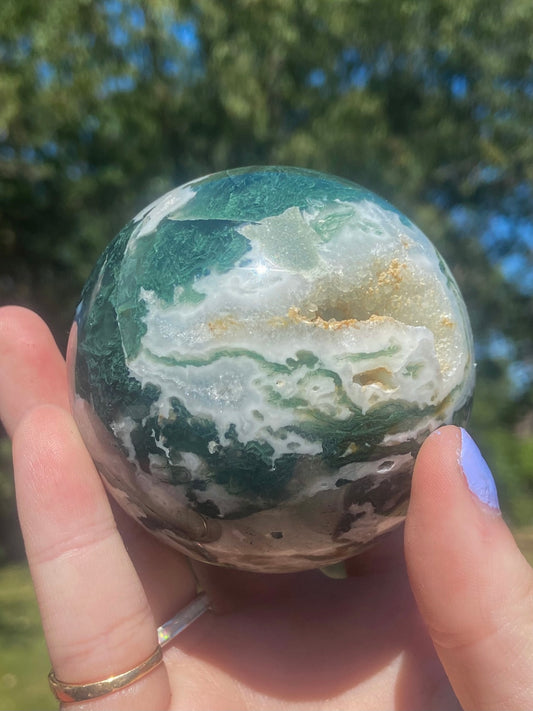 Moss Agate Sphere with Druzy